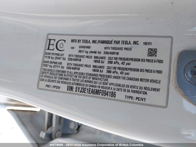 Tesla MODEL 3 2021 5YJ3E1EA6MF094186 Image 9