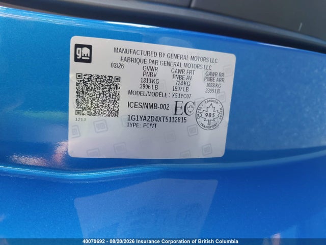 Aukcja sprzedaży 2026 Chevrolet Corvette Stingray 1lt, vin: 1G1YA2D4XT5112815, numer aukcji: 40079692