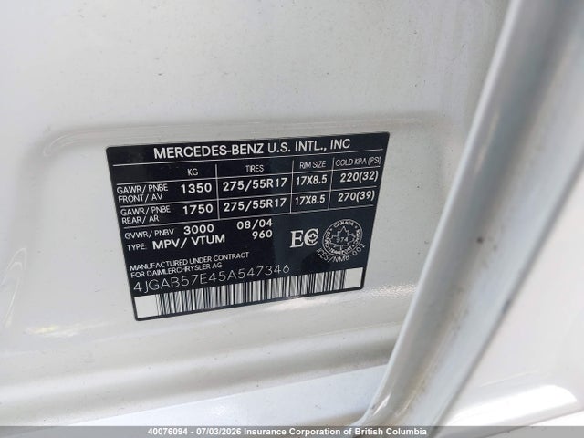 40076094 :رقم المزاد ، 4JGAB57E45A547346 vin ، 2005 Mercedes-benz Ml 350 مزاد بيع