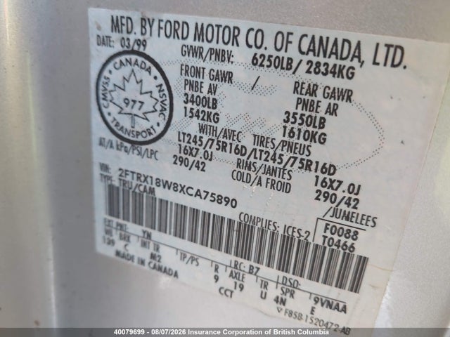 40079699 :رقم المزاد ، 2FTRX18W8XCA75890 vin ، 1999 Ford F150 مزاد بيع