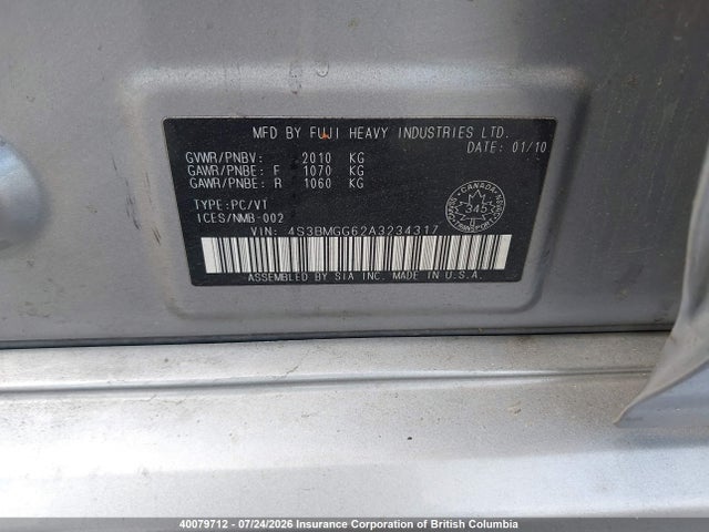 2010 Subaru Legacy 2.5i Premium მანქანა იყიდება აუქციონზე, vin: 4S3BMGG62A3234317, აუქციონის ნომერი: 40079712