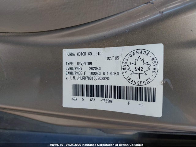 Aukcja sprzedaży 2005 Honda Cr-v, vin: JHLRD78815C808820, numer aukcji: 40079716