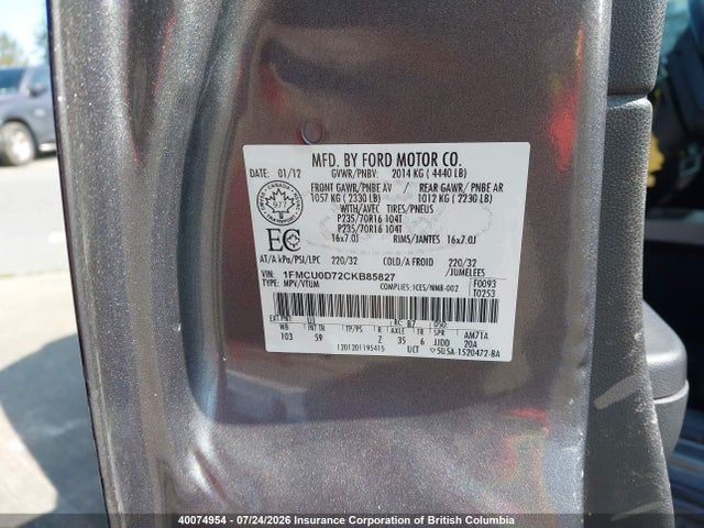 40074954 :رقم المزاد ، 1FMCU0D72CKB85827 vin ، 2012 Ford Escape Xlt مزاد بيع
