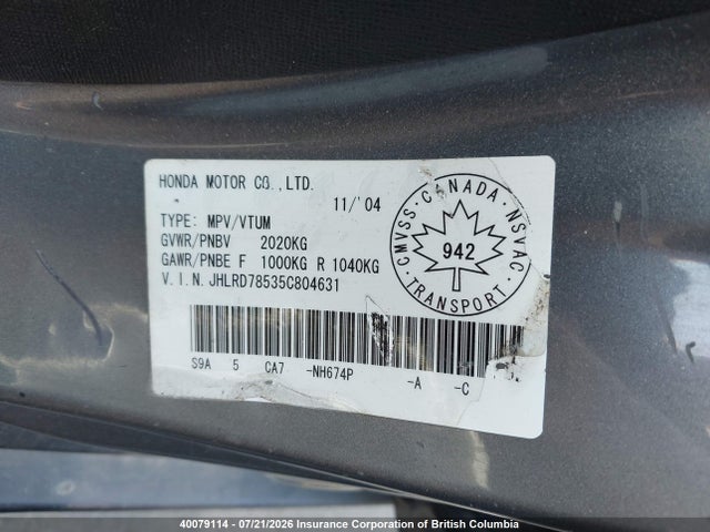 Продаж на аукціоні авто 2005 Honda Cr-v Lx, vin: JHLRD78535C804631, номер лоту: 40079114