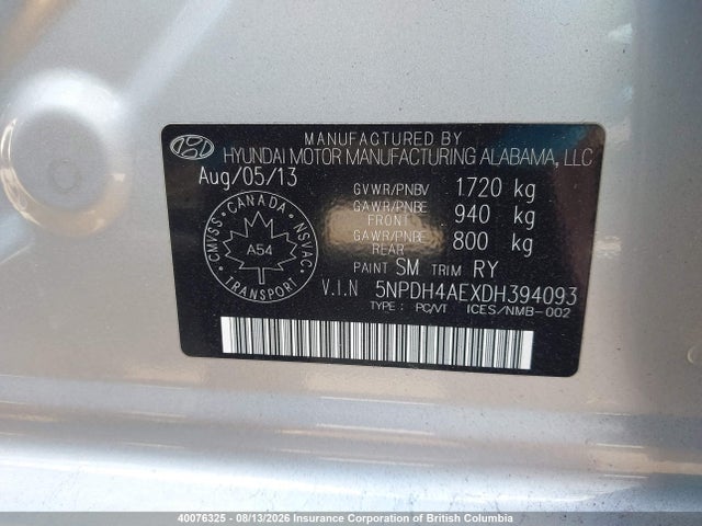 Продаж на аукціоні авто 2013 Hyundai Elantra Gls/limited, vin: 5NPDH4AEXDH394093, номер лоту: 40076325