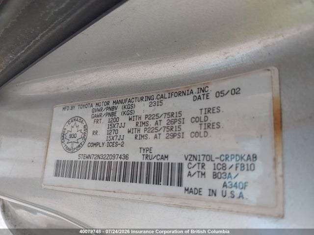 Продаж на аукціоні авто 2002 Toyota Tacoma Xtracab, vin: 5TEWN72N32Z097436, номер лоту: 40079748