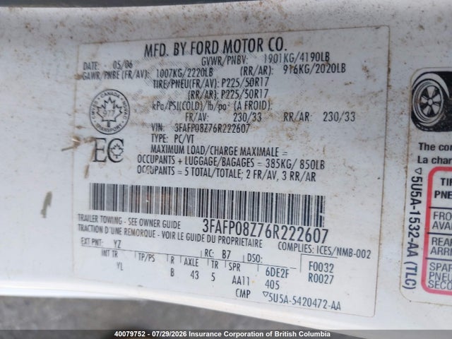 Aukcja sprzedaży 2006 Ford Fusion Sel, vin: 3FAFP08Z76R222607, numer aukcji: 40079752