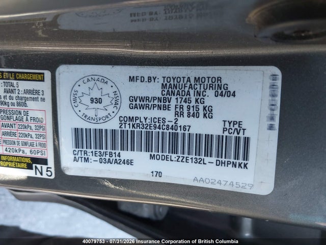 40079753 :رقم المزاد ، 2T1KR32E94C840167 vin ، 2004 Toyota Matrix Xr مزاد بيع