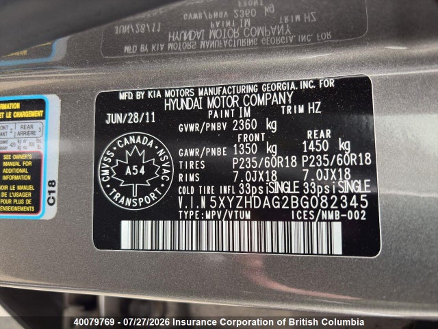 Aukcja sprzedaży 2011 Hyundai Santa Fe Se, vin: 5XYZHDAG2BG082345, numer aukcji: 40079769
