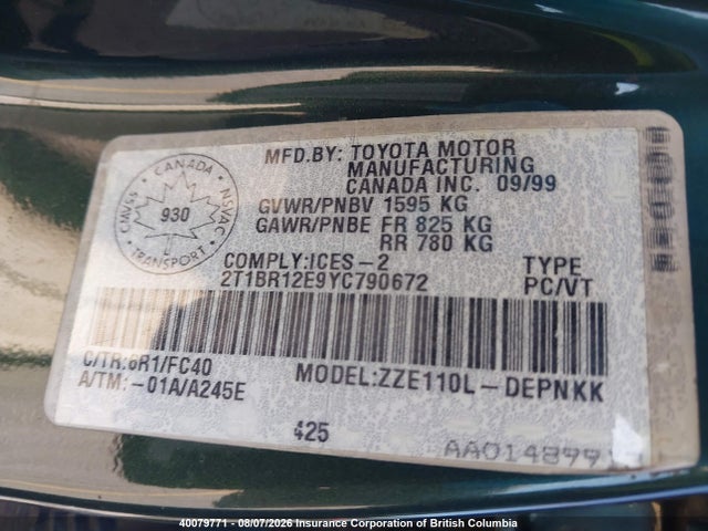 Продаж на аукціоні авто 2000 Toyota Corolla Ve/ce/le, vin: 2T1BR12E9YC790672, номер лоту: 40079771