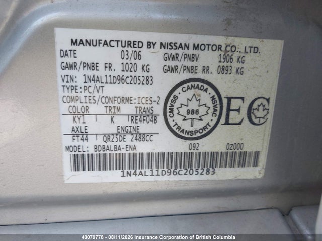 2006 Nissan Altima 2.5 S მანქანა იყიდება აუქციონზე, vin: 1N4AL11D96C205283, აუქციონის ნომერი: 40079778