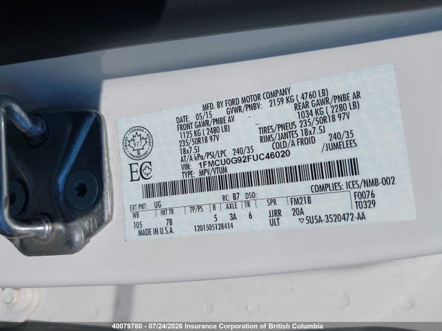 Продажа на аукционе авто 2015 Ford Escape Se, vin: 1FMCU0G92FUC46020, номер лота: 40079780