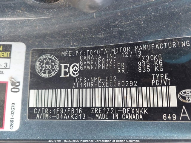 2T1BURHEXEC080292 Toyota Corolla L/le/le Pls/prm/s/s Pls