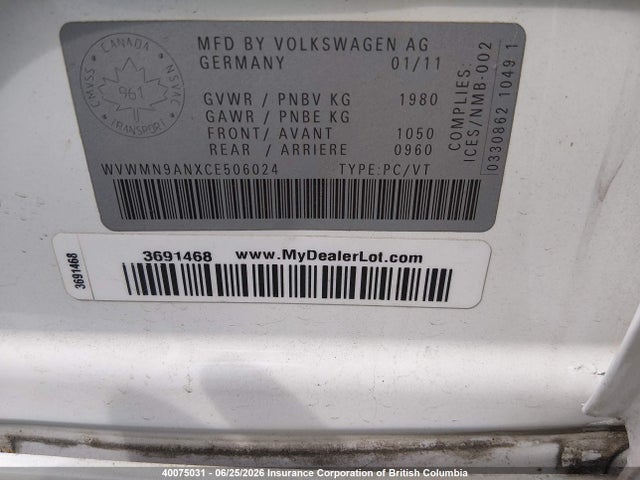 Aukcja sprzedaży 2012 Volkswagen Cc Sport/r-line, vin: WVWMN9ANXCE506024, numer aukcji: 40075031