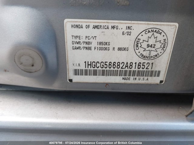 Продажа на аукционе авто 2002 Honda Accord Ex, vin: 1HGCG56682A816521, номер лота: 40079795