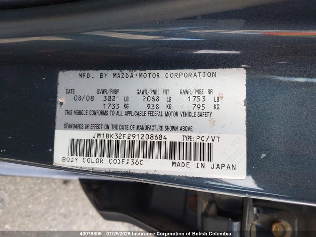 Aukcja sprzedaży 2009 Mazda 3 I, vin: JM1BK32F291208684, numer aukcji: 40079805