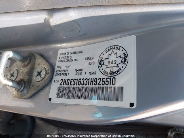 Продаж на аукціоні авто 2001 Honda Civic, vin: 2HGES16331H925510, номер лоту: 40079809