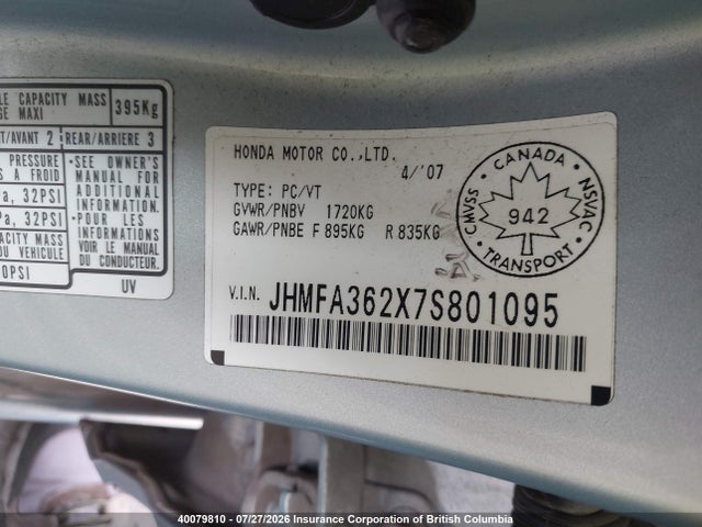 2007 Honda Civic მანქანა იყიდება აუქციონზე, vin: JHMFA362X7S801095, აუქციონის ნომერი: 40079810