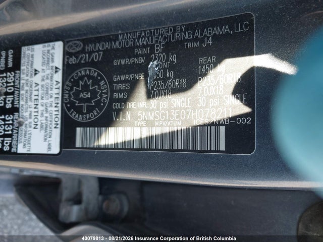 2007 Hyundai Santa Fe Gl V6 მანქანა იყიდება აუქციონზე, vin: 5NMSG13E07H078211, აუქციონის ნომერი: 40079813