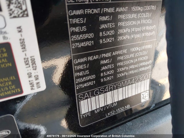 40078179 :رقم المزاد ، SALGS4RY9MA423001 vin ، 2021 Land Rover Range Rover Hse مزاد بيع
