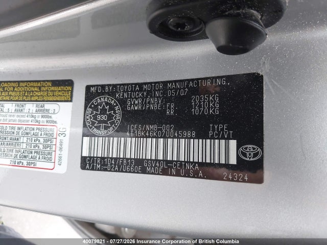 Продаж на аукціоні авто 2007 Toyota Camry, vin: 4T1BK46K07U045988, номер лоту: 40079821