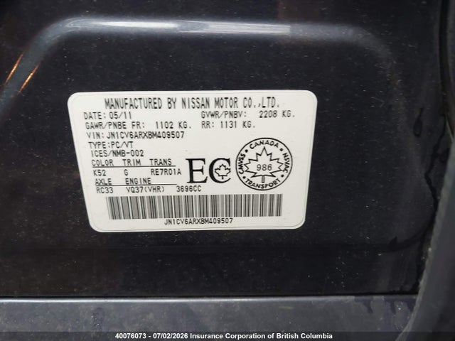 Aukcja sprzedaży 2011 Infiniti G37, vin: JN1CV6ARXBM409507, numer aukcji: 40076073