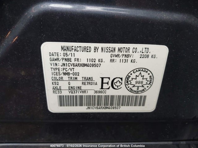 Aukcja sprzedaży 2011 Infiniti G37, vin: JN1CV6ARXBM409507, numer aukcji: 40076073