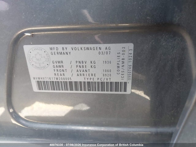 2007 Volkswagen New Gti მანქანა იყიდება აუქციონზე, vin: WVWHV71K17W208005, აუქციონის ნომერი: 40076330
