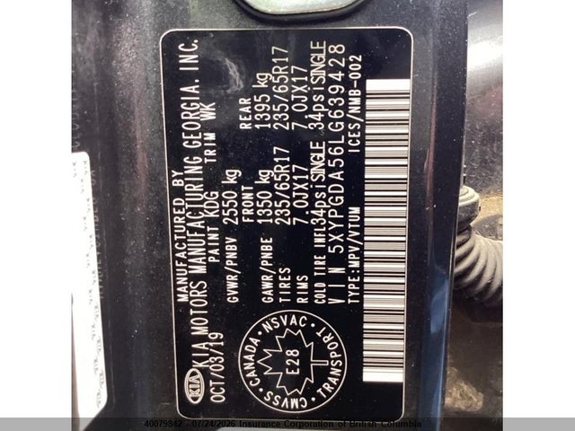 40079842 :رقم المزاد ، 5XYPGDA56LG639428 vin ، 2020 Kia Sorento S مزاد بيع