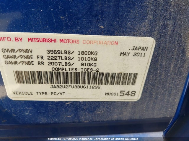 Aukcja sprzedaży 2011 Mitsubishi Lancer Es/es Sport, vin: JA32U2FU3BU611296, numer aukcji: 40079844