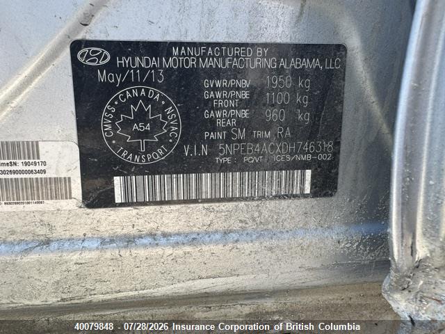 Продажа на аукционе авто 2013 Hyundai Sonata Gls, vin: 5NPEB4ACXDH746318, номер лота: 40079848