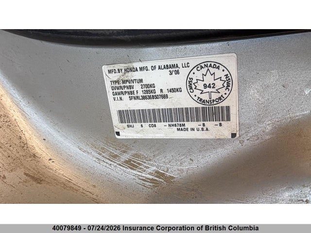 40079849 :رقم المزاد ، 5FNRL38636B507669 vin ، 2006 Honda Odyssey Exl مزاد بيع