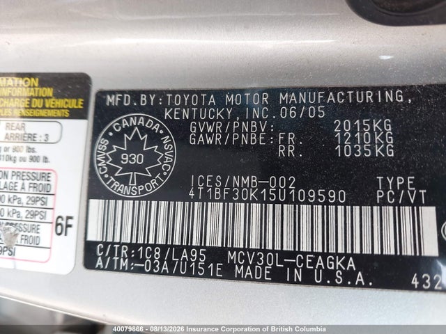 40079866 :رقم المزاد ، 4T1BF30K15U109590 vin ، 2005 Toyota Camry مزاد بيع