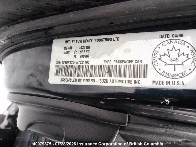 Продаж на аукціоні авто 1998 Subaru Legacy Brighton/se, vin: 4S3BK4254W7321106, номер лоту: 40079875