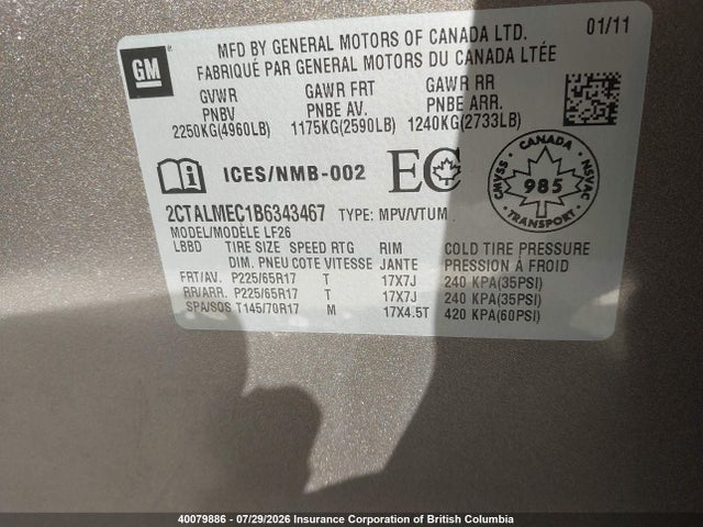 Aukcja sprzedaży 2011 Gmc Terrain Sle, vin: 2CTALMEC1B6343467, numer aukcji: 40079886