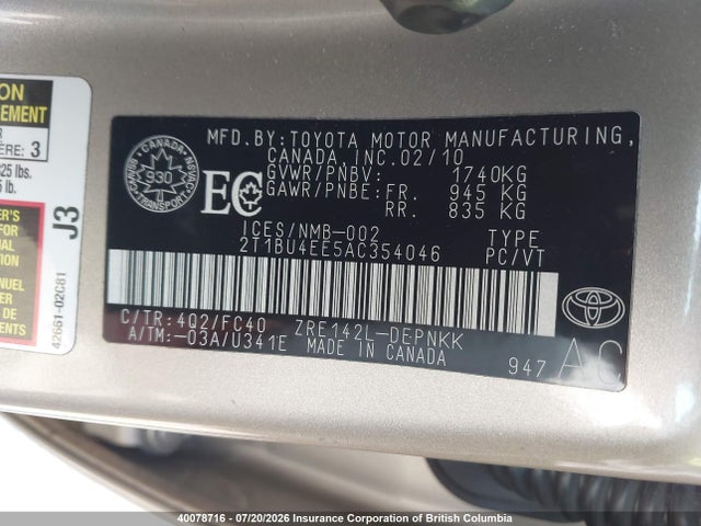 Продаж на аукціоні авто 2010 Toyota Corolla S/le/xle, vin: 2T1BU4EE5AC354046, номер лоту: 40078716