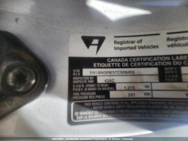 40079896 :رقم المزاد ، 5N1AN08W57C509455 vin ، 2007 Nissan Xterra Off Road/s/se مزاد بيع