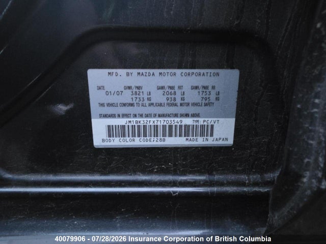 Aukcja sprzedaży 2007 Mazda 3 I, vin: JM1BK32FX71703549, numer aukcji: 40079906