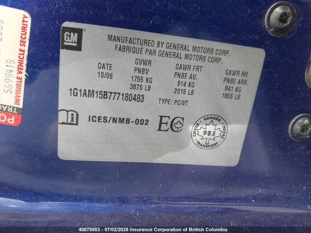 Aukcja sprzedaży 2007 Chevrolet Cobalt Ss, vin: 1G1AM15B777180483, numer aukcji: 40075803