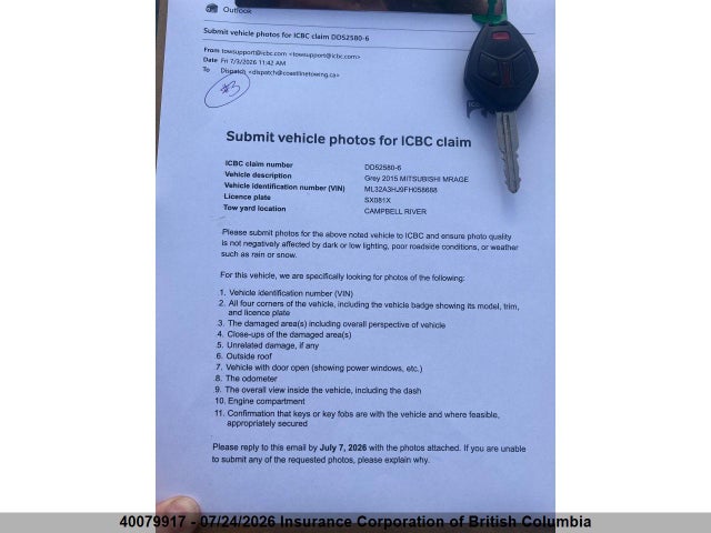 40079917 :رقم المزاد ، ML32A3HJ9FH058688 vin ، 2015 Mitsubishi Mirage De مزاد بيع