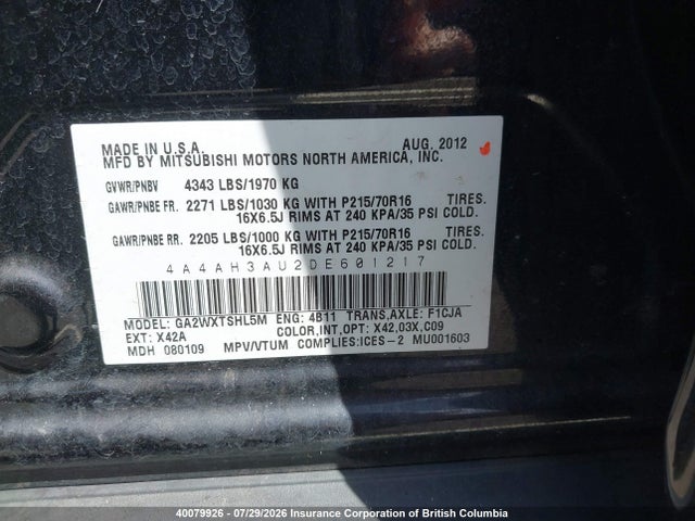 Продажа на аукционе авто 2013 Mitsubishi Rvr, vin: 4A4AH3AU2DE601217, номер лота: 40079926