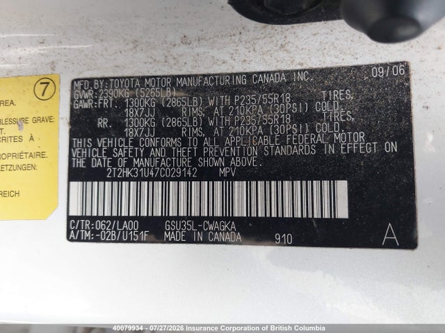 Aukcja sprzedaży 2007 Lexus Rx 350, vin: 2T2HK31U47C029142, numer aukcji: 40079934