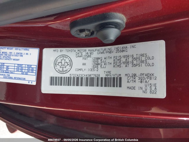 40079937 :رقم المزاد ، 5TDZA23CX4S077628 vin ، 2004 Toyota Sienna Ce/le مزاد بيع