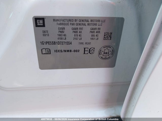 40079938 :رقم المزاد ، 1G1PE5SB1D7271554 vin ، 2013 Chevrolet Cruze مزاد بيع