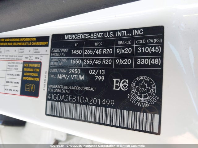 Aukcja sprzedaży 2013 Mercedes-benz Ml 350 Bluetec, vin: 4JGDA2EB1DA201499, numer aukcji: 40079939