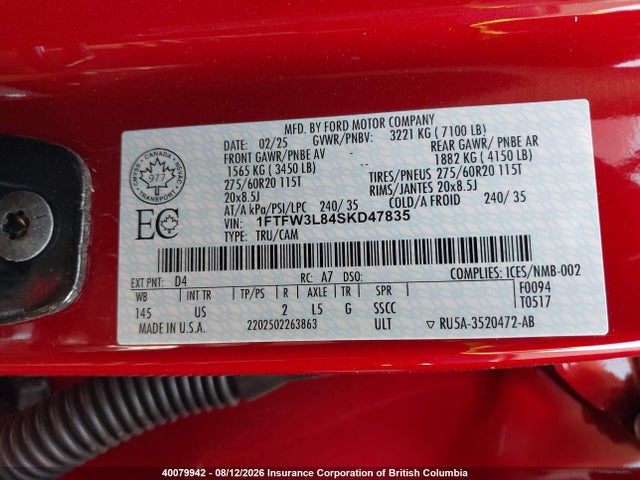 Aukcja sprzedaży 2025 Ford F150, vin: 1FTFW3L84SKD47835, numer aukcji: 40079942