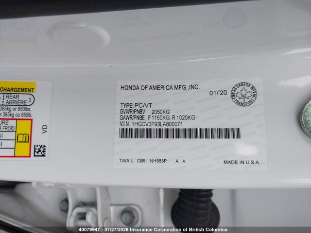 Продаж на аукціоні авто 2020 Honda Accord Touring Hybrid, vin: 1HGCV3F93LA800071, номер лоту: 40079947