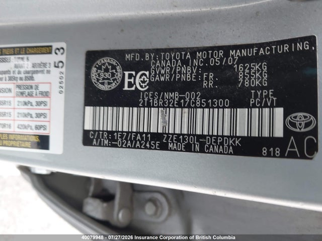Продаж на аукціоні авто 2007 Toyota Corolla Ce/le/s, vin: 2T1BR32E17C851300, номер лоту: 40079948