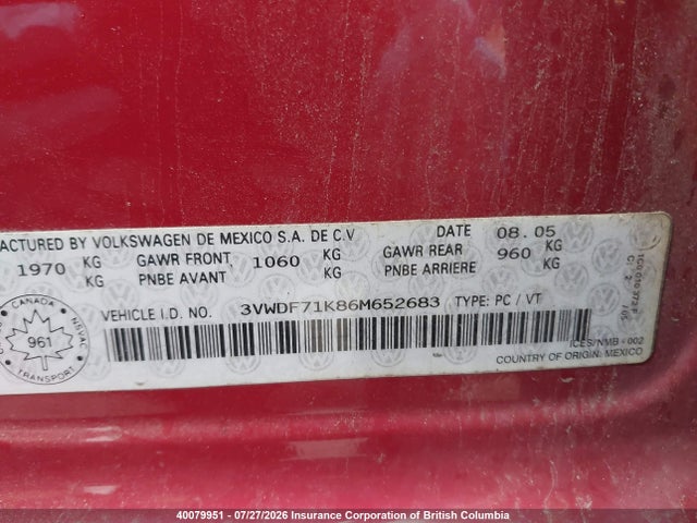 2006 Volkswagen Jetta მანქანა იყიდება აუქციონზე, vin: 3VWDF71K86M652683, აუქციონის ნომერი: 40079951
