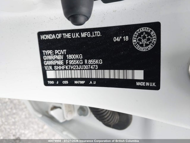 Продаж на аукціоні авто 2018 Honda Civic, vin: SHHFK7H23JU307473, номер лоту: 40079958